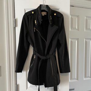 MICHAEL Michael Kors Asymmetrical Moto Trench Coat in Black Belted Jacket L
